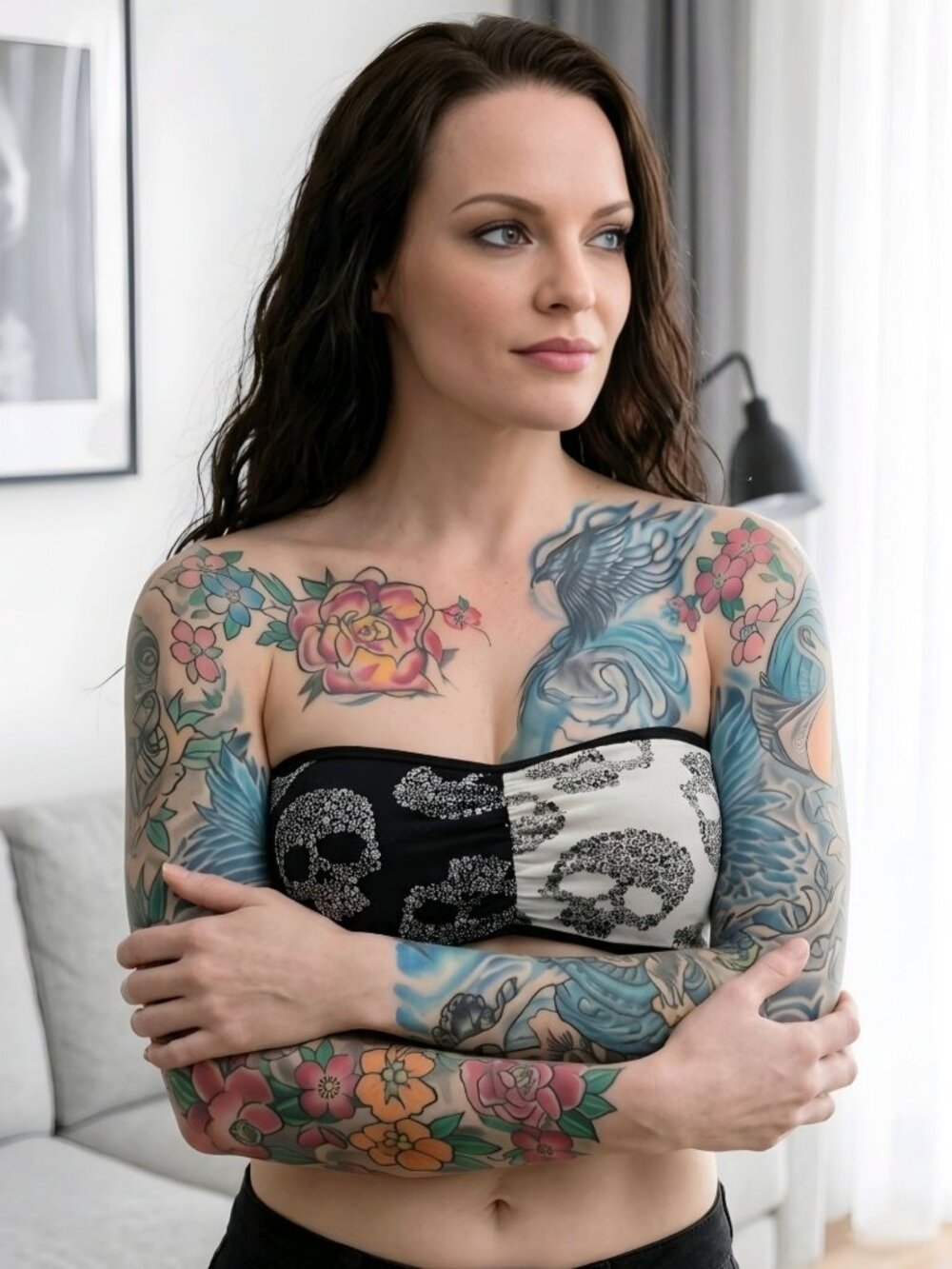 Hot Topic ✦ Skull Bandeau Tube Top ✦ Black & White Floral Stretch Strapless M